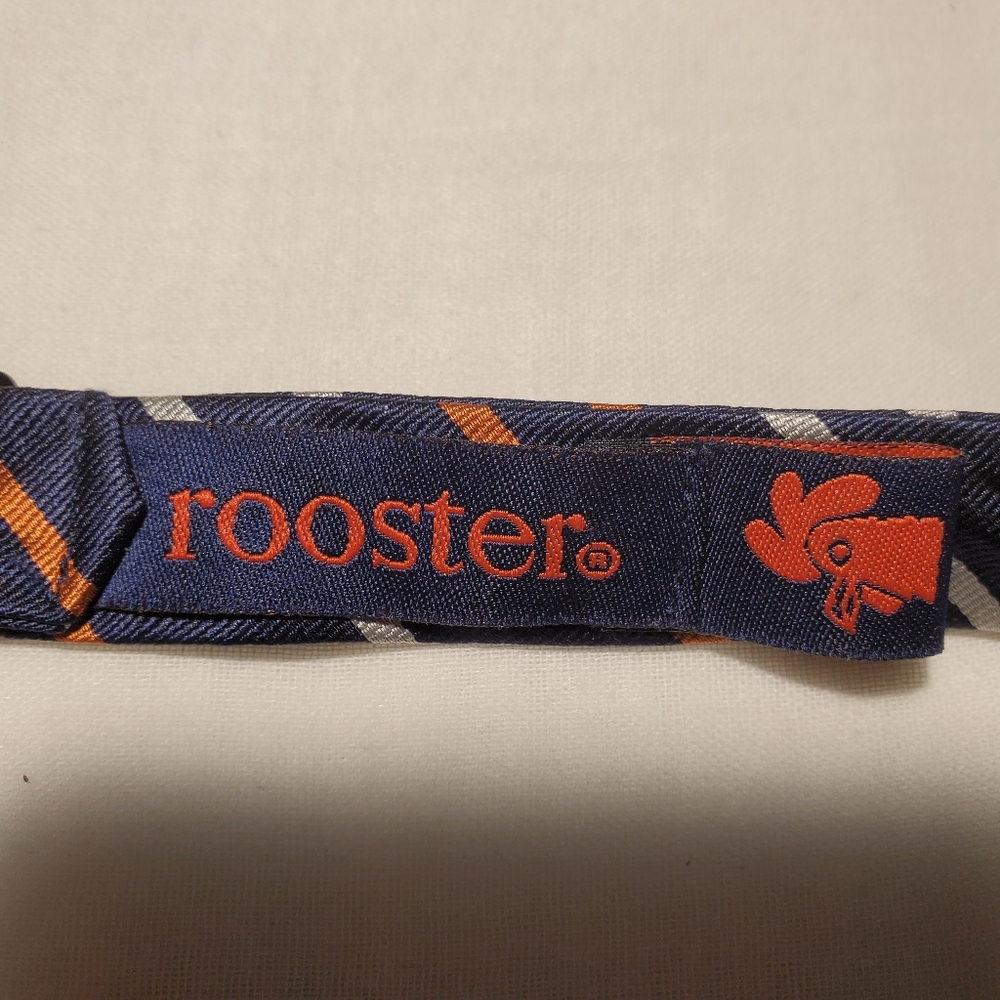 Vtg Rooster Self-tie Luxury Silk Preppy Bow Tie Navy w/ Orange White Stripe Adj - Picture 2 of 4